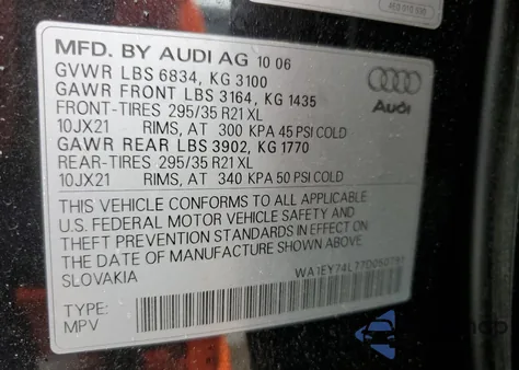 2007 Audi Q7 3.6 Quattro Premium S-Line из США, поврежденный, VIN WA1EY74L77D050791